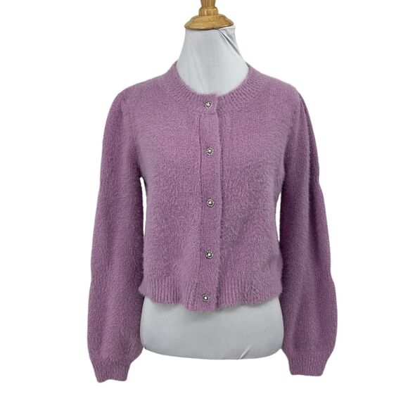 Nanette Lepore Cardigan Womens S Small Orchid Ice Button Fuzzy Cropped Sweater - Picture 1 of 11